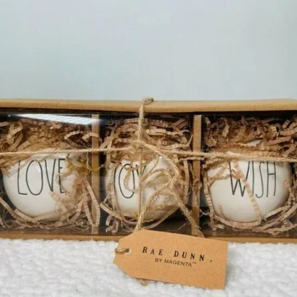 RAE DUNN Christmas Ornaments by Magenta LOVE JOY WISH Ceramic Set of 3 Gift NEW